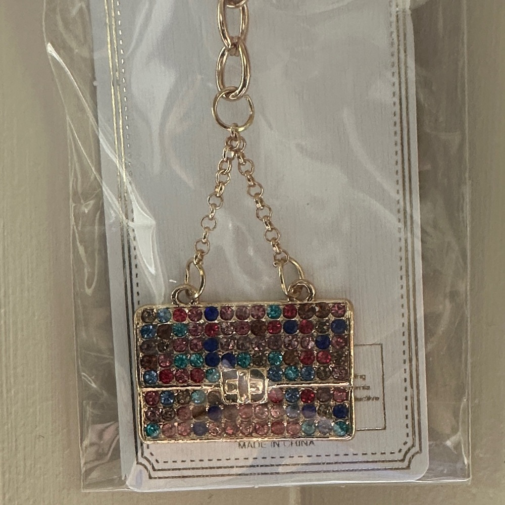 Gold Multicolor Rhinestone Keychain with Purse Charm